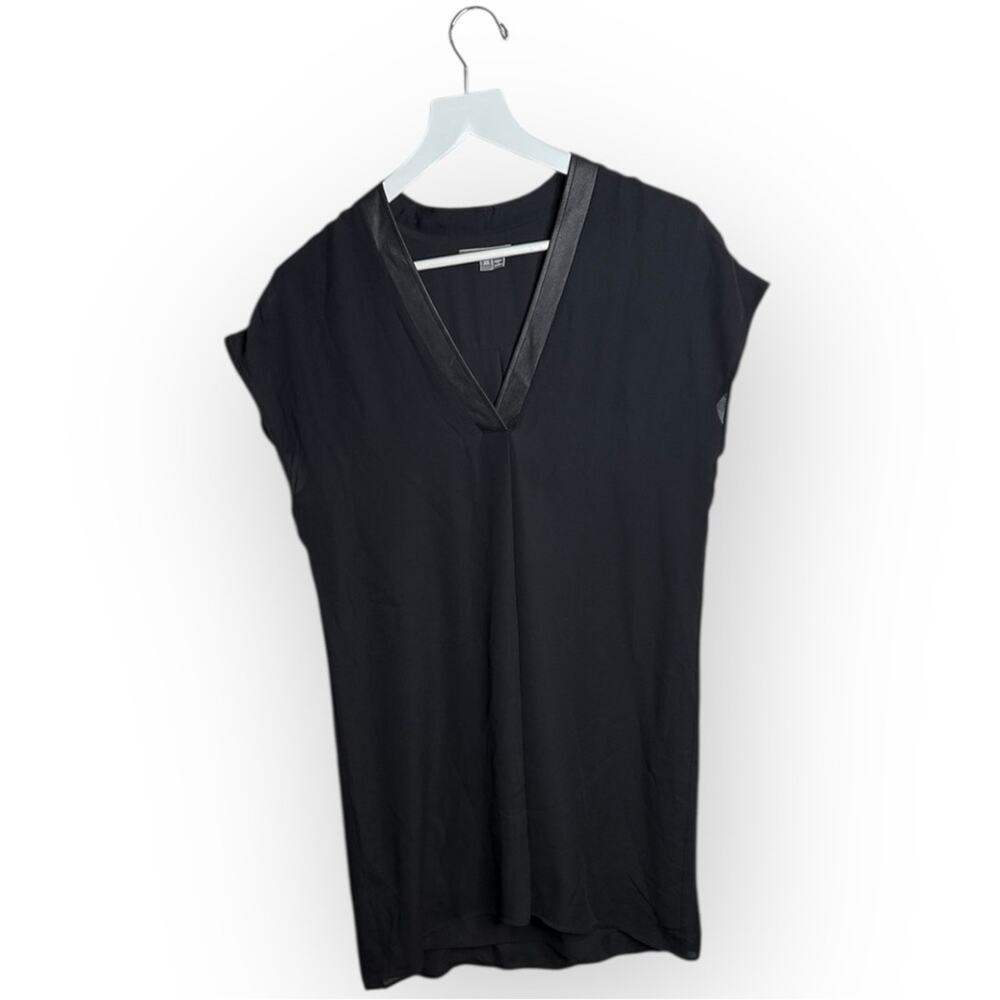 Vince Silk Shift Dress Leather V-Neck Trim Lined Sleeveless Black W1951 Sz XS